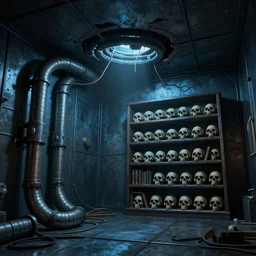 creepy illustration of a metal room with large tubes and cables coming out of a hole in the ceiling and a bookshelf filled with skulls on the back wall, blue light, dramatic lighting, moody lighting, golden ratio, rule of thirds, matte painting, concept art, illustration, environmental art, low - angle shot, environmental design, cinematic 8 k, realistic lighting, realistic shading, octane render
