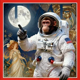 hdr portrait photography an ape wearing a spacesuit pointing to a full moon. cinematic, coherent portraits, from time magazine, intricate, elegant, highly detailed, digital photo, trending on time magazine, hdr photo, smooth, sharp focus, illustration, art by artgerm and greg rutkowski and alphonse mucha