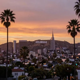 Los Angeles summer sunset, Hollywood Sign in the Distance, Downtown Los Angeles Centered, trending on artstation, 30mm, by Noah Bradley