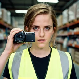 photo, close up, emma watson in a hi vis vest, in warehouse, android cameraphone, film noise, 2 6 mm,