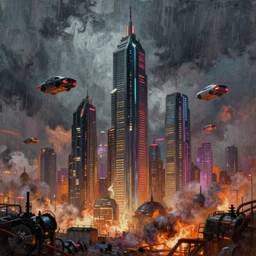 3 5 mm atmospheric futuristic skyline showing flying cars blade runner megacity skyline with towering mega - skyscrapers, falling rain, neon, industrial fires and smog, oil painting, cinematic composition, dramatic cinematography