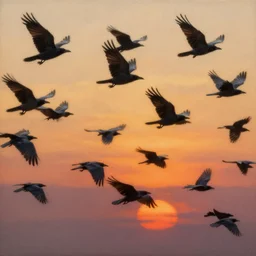 a painting of a beautiful flock of crows flying at sunset, trending on artstation, masterpiece