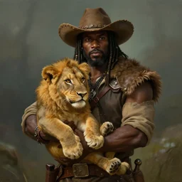 An Black 1920's explorer holding a lion cub in his hands in World of Warcraft, cover art, ultra wide lens shot, pretty, beautiful, DnD character art portrait, matte fantasy painting, DeviantArt Artstation, by Jason Felix by Steve Argyle by Tyler Jacobson by Peter Mohrbacher, cinematic lighting