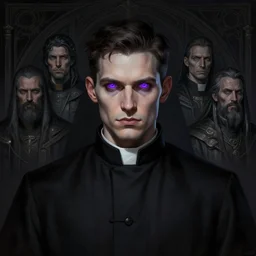 portrait of a cyberpunk orthodox priest with purple eyes, grim - lighting, high - contrast, intricate, elegant, highly detailed, centered, digital painting, artstation, concept art, smooth, sharp focus, illustration, artgerm, tomasz alen kopera, peter mohrbacher, donato giancola, joseph christian leyendecker, wlop, boris vallejo