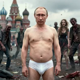 portrait of ( ( ( vladimir putin ) ) ) in underwear in apocalyptic russia withzombie people, hyperrealistic, digital concept art, sharp focus, 3 5 mm film, caricature illustration,, art by josephine wall, art by huang guangjian, art by viktoria gavrilenko, art by amanda sage, ( ( art by greg rutkowski ) ) trending on artstation
