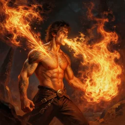 handsome tattooed gym bro fire mage firebreath magic spell vfx, diagonal spell vfx, fantasy game spell, fantasy epic painting by artgerm, gaston bussiere, craig mullins, j. c. leyendecker, tom of finland