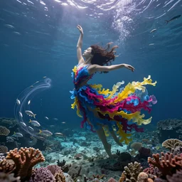 woman dancing underwater wearing a flowing dress made of blue, magenta, and yellow seaweed, delicate alien coral sea bottom, swirling silver fish, unreal engine, caustics lighting from above, cinematic