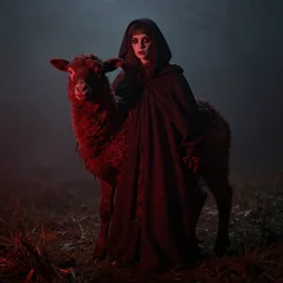 a lamb wearing a heavy dark robe by ida rentoul outhwaite, deep crimson and dark shadows, foggy background, ambient glow, horror scene