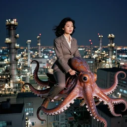 breathtaking, stunning ektachrome, 3 5 mm, highly detailed : incredibly realistic, youthful demure asian woman riding on a flying octopus through an endlessly sprawling industrial city with towering factories at night, perfect features, feminine cut, beautiful three point perspective extreme closeup 3 / 4 portrait photo in style of chiaroscuro style 1 9 8 0 s frontiers in flight suit cosplay vogue fashion edition,