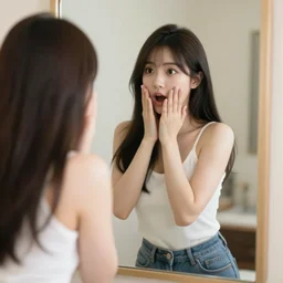 beautiful anime babe standing on the front of the mirror, surprise face 4K ultra realistic -9