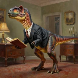ultra high detailed oil painting of a velociraptor wearing a nice suit and glasses in a very nice english study holding a book