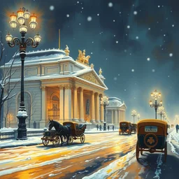 a beautiful painting of paris opera on a snowy night with horse carriages on the street