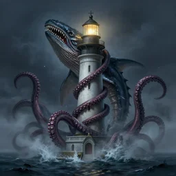 ultra realistic illustration, a lighthouse by night being attacked by a kraken, the tentacles are wrapped around the lighthouse and there is water mist everywhere, moody, water, epic, creature, attack, tentacles, building, coast, intricate, elegant, highly detailed, digital painting, artstation, smooth, sharp focus, art by artgerm and greg rutkowski and alphonse mucha
