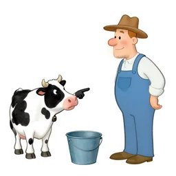 a cow points at a bucket, a farmer stands nearby, illustrated by gary larson