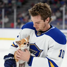 Michael C. Hall with a hockey mullet, petting a Chihuahua dog