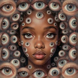 eyes!! a black girl with many eyes!, surreal art by colin christian and junji ito and anton semenov in a surreal portrait style, trypophobia! eyes, eyes everywhere, symmetry, eyes!, hypnotic! eyes, optical illusion, delicate and intricate, highly detailed, infinite intricacy