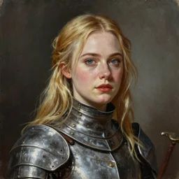 ultra realistic portrait painting of elle fanning as a medieval knight, art by frank frazetta, 4 k, ultra realistic, highly detailed, epic lighting