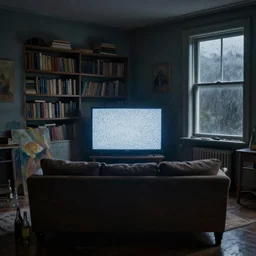A dark room with a TV and it’s static giving light to a couch directly across from it, a window is on the right and rain is hitting against the window, shelves are inside filled with books, a couple of empty bottles are on the ground, oil painting