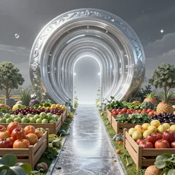 a magic clean and organised farm, epic lighting, realistic, futuristic, silver magic, symmetrical, wallpaper, portal backdrop, trending on artstation