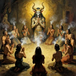 a cult is huffing and singing mysterious notes in a circle, praying to kaleaga, a god - demon. award - winning digital artwork by salvador dali, bekzinski