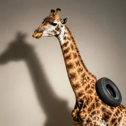 giraffe with a tire on its neck