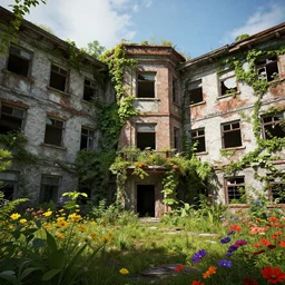 abandoned hospital reclaimed by nature, vibrant colors, flowers, overgrowth, vines, 3 d render, unreal engine, realistic