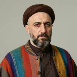 portrait of a middle aged, serious, persian nobleman with brown hair and shaved face wearing colorful wool. by leonid afremov