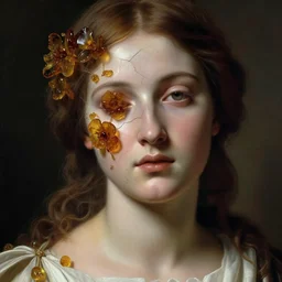 hyperrealism close - up mythological portrait of an exquisite medieval woman's shattered face partially made of amber flowers in style of classicism, wearing white dress, dark palette