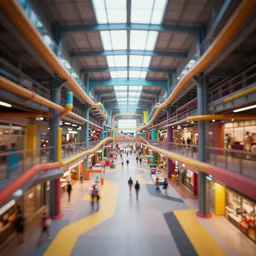 industrial core mall interior, colorful, contrast, depth of field, 3 d scene, render, greg rutkowski, zabrocki, karlkka, jayison devadas, trending on artstation, 8 k, ultra wide angle, zenith view, pincushion lens effect