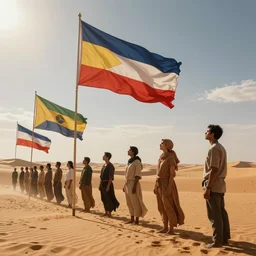 people with flags standing in lines in the desert, one human watching, artstation