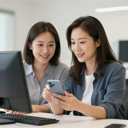 a woman showing her mother how ai works, professional photo, 3 5 mm