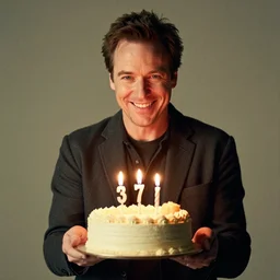 bob odenkirk, grinning, holding a birthday cake, 3 7 candles, studio photograph, cinematic lighting