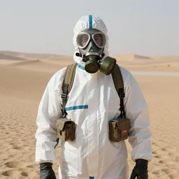 a man wearing a hazmat suit and gasmask, in the desert, film still, panavision panaflex
