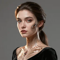 3D render of a beautiful portrait of a young female, elegant, highly detailed, flesh ornate, elegant, high fashion, rim light, ray trace, octane render in the style of H.R. Giger and Man Ray, Realistic, Refined,  Digital Art, Highly Detailed, Cinematic Lighting, rim light, photo-realistic Unreal Engine, 8K