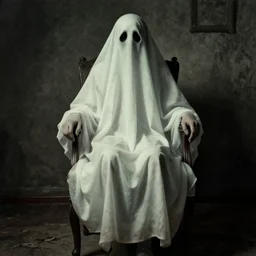 a photograph of a ghost sitting on a chair, staring at the camera, creepy, scary, vintage, hyper detailed