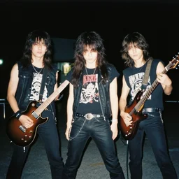 paul gustav fischer painting of an anime metal band photo, direct flash photography at night, film grain