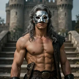 portrait painting of a 3 0 years old rugged masculine muscular male, wearing a silver melt mask, long grey hair, gentleman's dress, background is castle and steps unreal render cinematic lighting art 1 9 2 0 period drama by bussiere rutkowski andreas rocha