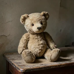 teddy bear covered by dust and cobwebs on a dusty old wooden table, cracked wall, small light, hyperdetailed, artstation, cgsociety, 8 k