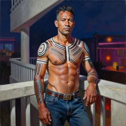 palette knife oil painting portrait of eddie dreamtime, an athletic and lean middle - aged man in hipster clothes and australian aboriginal body paint, concrete balcony, nightclub, artstation trending, artgerm, any racial background, deviant art, hipster, octane, substance, art history 8 k