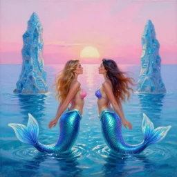 twin flame pleadians with mermaid towers and sparkling ocean with pink sunset and mermaids swimming hue highly detailed oil painting hue by craig mullins