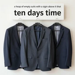“a heap of empty suits with a sign above it that reads ‘ten days time’”