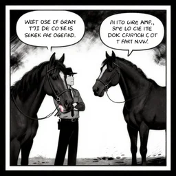noir comic strip of a detective having an argument with a horse