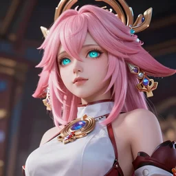 taken from an extremely low angle, stunningly beautiful omnipotent anime goddess with pink hair and cyan eyes, unreal engine 5, 8 k