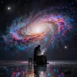 a galaxy exploding, psychedelic colors, forming a blacksmith, realistic reflections