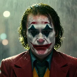 portrait of joaquin phoenix joker in the rain, high detail, backlit, frown, wet skin, close headshot, fog, bokeh, streetlights,
