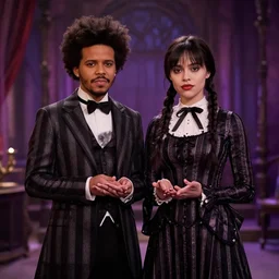 scene from the movie the Addams Family, starring The Weeknd as Wednesday Addams