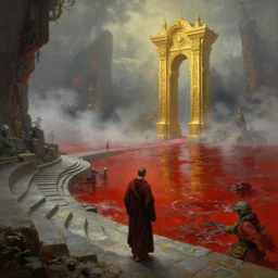 a gorgeous sci - fi base painting by barlowe wayne, maxfield parrish and marco mazzoni. a lonely monk walks on the winding stone steps, a lonely magnificent golden gate to the deep drak hell, turbulent blood lake, fog. 3 d, octane render, 8 k.
