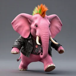 A pink elephant with a piercing in his trunk wearing a orange green mohawk and a leather jacket on which a mouse is printed. perfectly-centered-photograph of a pink elephant, film still, dynamic action pose, insane detail, intricate, highly detailed, Zeiss Lens, DSLR photography, smooth, sharp focus, Unreal Engine 5, Octane Render, Redshift, 8K