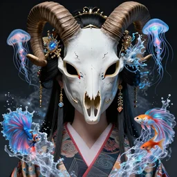 goddess macro close - up portrait wigh crown made of ram skull. beautiful intricately detailed japanese crow kitsune mask and clasical japanese kimono. betta fish, jellyfish phoenix, bioluminiscent, plasma, ice, water, wind, creature, super intricate ornaments artwork by tooth wu and wlop and beeple and greg rutkowski