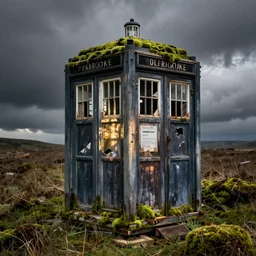 old abandoned Tardis in wood covered in moss with broken windows